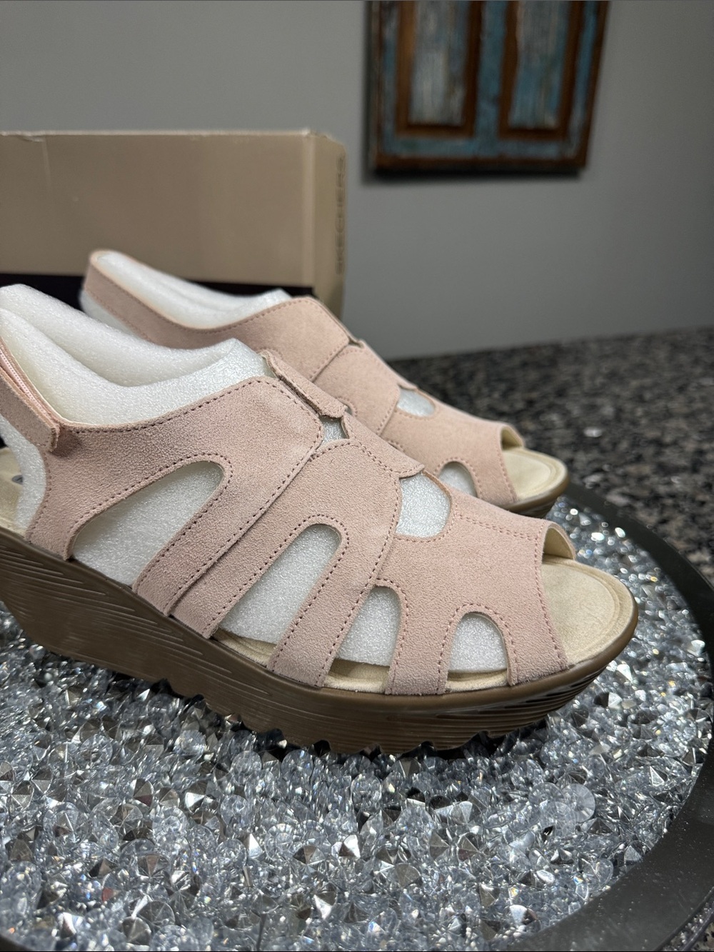 Skechers paralellsude Blush Pink Wedge Sandals with Brown Platform NEW 8 - Picture 7 of 14